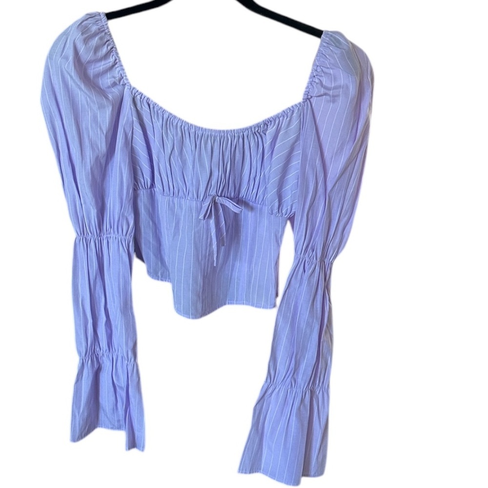 FRESHMAN 1996 Lilac Pinstripe Top S Bell Sleeve Tiered Lightweight Blouse